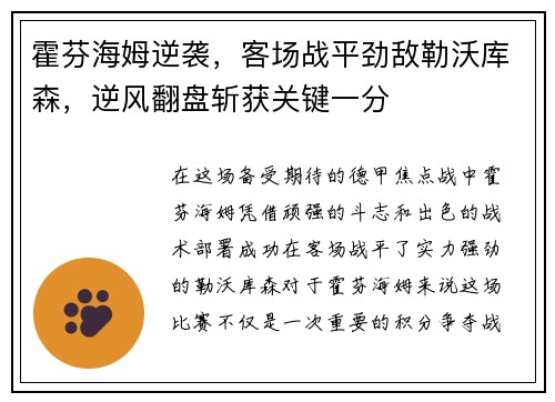 霍芬海姆逆袭，客场战平劲敌勒沃库森，逆风翻盘斩获关键一分